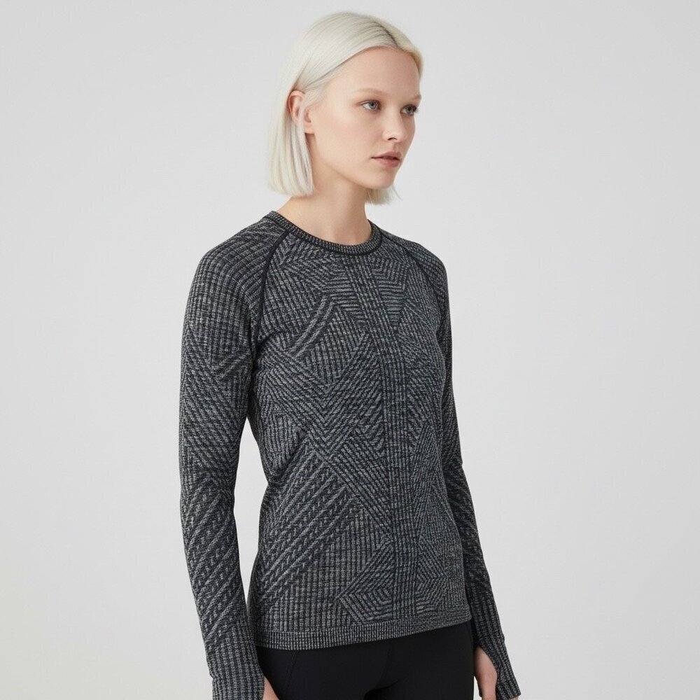 Lululemon Black Gray Geometric Knit Long Sleeve Active Top Thumbholes Size 8